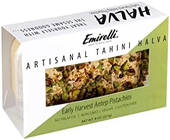 Emirelli Artisanal Halva Dessert – Authentic Middle Eastern Candy Turkish Sweets – Vegan Candy 55%-Tahini Halwa - Halvah Traditional International Sweets - Harvest Antep Pistachios Flavor, Pack of 1
