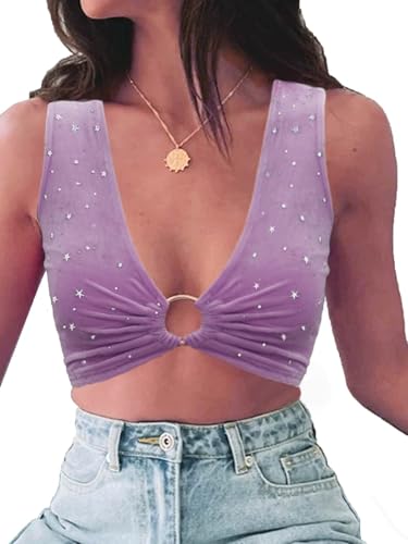 Women's Sparkly Purple Top Sexy Mermaid Costume Rave Outfits Concert Outfits Festival Clothing Crop Bra Velvet Light Purple top XL