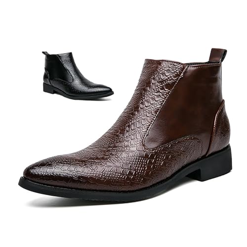 SYNTHESIS Men's Leather Chelsea Dress Boots,Fashion Low Heel Side Zipper Mid Top Boot for Men,Business Pointed Toe Slip-On Chelsea Boots
