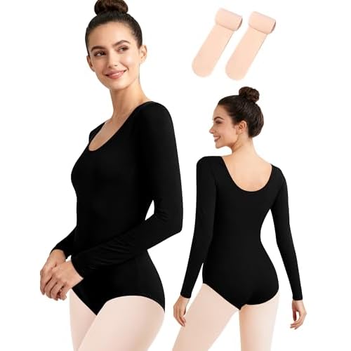 MOLLDAN Women Long Sleeve Dance Leotard 2-piece Set Dance Leotard with Tights,Full Front Lining Black Medium