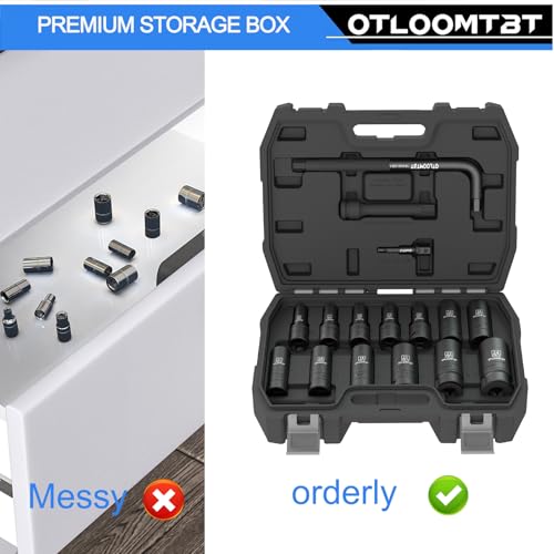 16PCS 1/2 In Drive Thicker Impact Socket Set, High Durability Industrial Grade Deep Metric Sizes Sockets Sets, with L Handle 5 In Extension Bars & Drill Socket Adapter with Premium Organizer