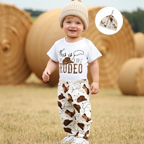 My First Rodeo Outfit Western Baby Boy 1st Birthday Clothes Short Sleeve Romper Pants Hat Set Newborn Cowboy Outfits3