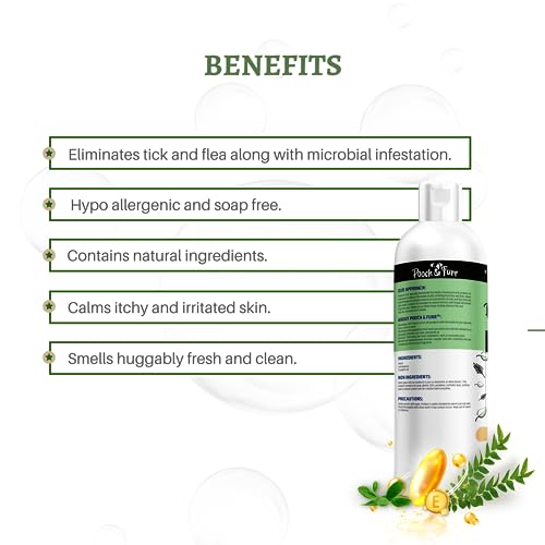 Image of POOCH & FURR (1000 ML) Natural Neem Anti Tick and Flea Dog Shampoo | with Neem, Lemongrass and Camphor Oil | Paraben Free, PH Balanced and Cruelty Free (500 ml)