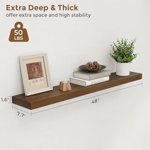 Image of Marsmiles 48 Inch Wood Floating Shelves | Rustic Dark Wood Wall Shelves Set of 1 | 48 inch W x 7.7 inch D x 1.6 inch H Wooden Shelves for Bathroom Living Room Kitchen