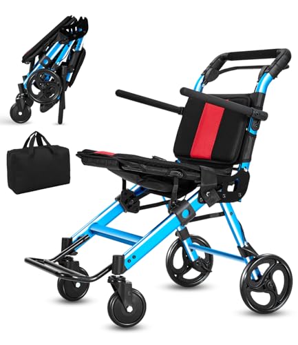 Image of Wheelchairs for Adults,Transport Wheelchair Lightweight Foldable Chairs with Handbrakes,Portable Wheelchair Travel Wheel Chairs for Seniors,Walkers for Seniors Support 300lbs(Blue)