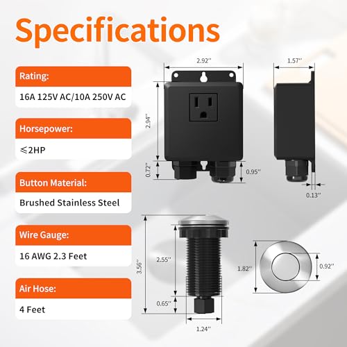 Image of Joinfworld Garbage Disposal Button Kit, Garbage Disposal Air Switch Kit Sink Top Switch for Garbage Disposal Brushed Nickel Stainless Steel LONG 2.6 inch Air Switch Button - UL Listed