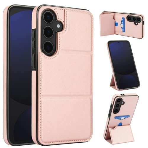 Dteck for Samsung Galaxy S25+ Wallet Phone Case 6.7" 2025 with Trifold Kickstand and Magnetic Closure Card Slot, Lightweight Solid Color PU Leather Protective Slim Back Cover for Women Men, Rosegold