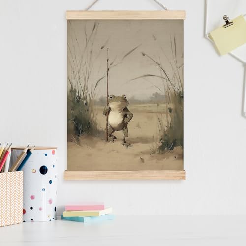 Image of PQKIY Whimsical Vintage Farmhouse Frog Traveler Wall Art Poster Hanger Frame 12x16 in, Moody Nature Weird Animal Wall Decor Canvas Prints for Home Bedroom Living Room