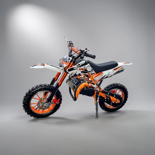 Image of Amaze ZR Super 50cc Petrol Dirt Bike for Kids | 2 Stroke Mini Off Road Bike | Dual Start | Disc Brake | Rear Suspension | Max Speed 45 km /h | Kids Mini Motorcycle (Multicolor Chassis) (Orange)