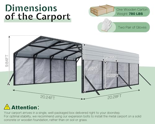 Image of Jocisland 20x20 FT Heavy Duty Metal Carport, All-Weather Car Carport with Waterproof Removable Sidewall, Galvanized Steel Roof & Reinforced Base, Canopy for Full-Sized Pickups, Bass Boats and Tractors