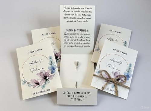 PIZTERETAS 50 alfileres clásicos de novia con leyenda incluída | Detalles de boda personalizados | Decoración boda | Regalos artesanales | Regalos de boda para invitados