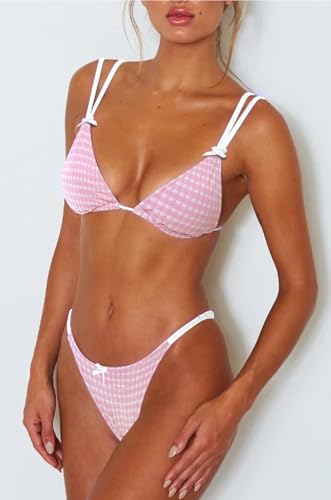 Image of Women's Sexy Thong Bottom Two Piece Bikini Double Shoulder Straps Cute Swimsuit Triangle Bathing Suit