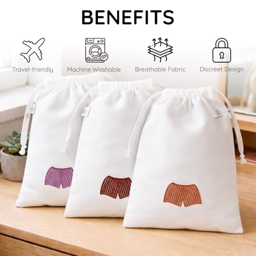 Image of Lingerie Drawstring Bags Set of 3, 15x15 inch, 100% Pure Cotton, Red Embroidery Pattern Pouch for Underwear, Swimwear, Travel Storage, Washable Beach Bags for Men (White)