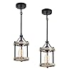 Ejerlya Farmhouse Pendant Light, Rustic White Wood Metal Cage Hanging Light Fixtures with Glass, 43 Inch Adjustable for Flat and Slop Ceiling, Pendant Lighting for Kitchen Island Foyer Hallway, 2 Pack