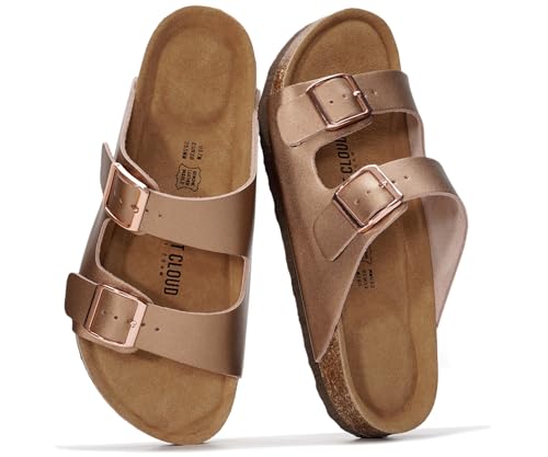 Image of Project Cloud 100% Genuine Leather Flat Sandals For Women 2026 Cork Footbed Womens Sandals with Memory Foam and arch support Vacation Essentials Slides for Women Footwear (Venita)