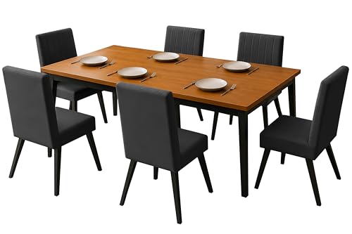 Image of Rosebell 6 Seater Dining Table Set with Cushioned Chairs | Modern Dining Table for Home, Dining Room & Kitchen | Black Metal Legs | Black