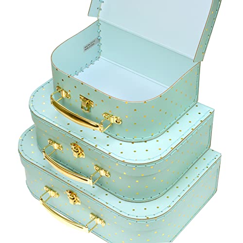 Jewelkeeper Paperboard Suitcases, Set Of 3 – Vintage Decorative Storage Box - Luggage Decor Storage - Gift Boxes For Birthday,Weddings,Anniversary – Old Home Decoration - Turqoise And Gold Design #TOP3