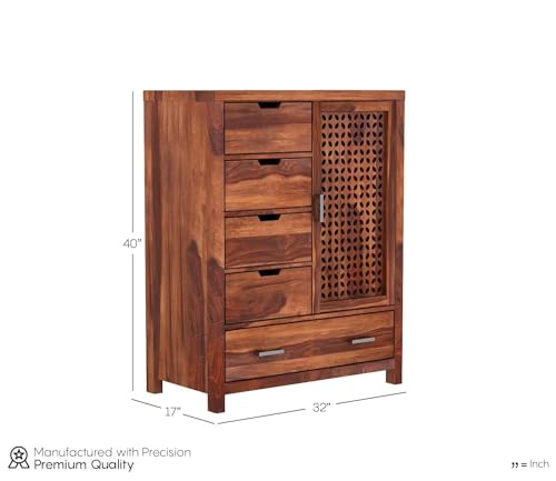 Image of Solid Sheesham Wood 5 Drawer Chest of Drawers with 2 Shelf Storage and Spacious Dresser for Hall Home Office Furniture, Kitchen Cabinet (Honey Finish)