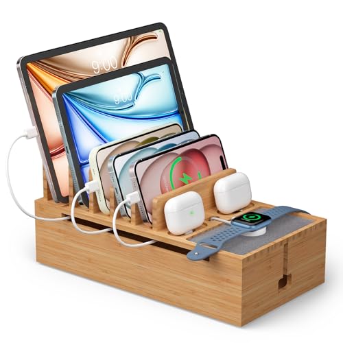 Pezin & Hulin - Pezin & Hulin Bamboo Charging Station for Multiple Devices, Charger Dock Holder Stand for Cell Phone and Tablet, Electronic Devices Organizer, 6 USB Cables