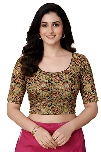Image of Amazon Brand - Anarva Women's Kalamkari Print Cotton Stretchable Round Neck Readymade Saree Blouse