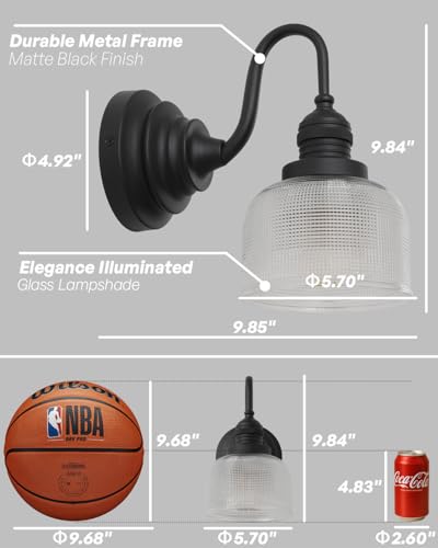 Image of Black Bathroom Vanity Light with Clear Checkered Glass Shade | hardwired wall mounted lamp for bathroom mirror living room bedroom kitchen,DIY-friendly,E26,UL Listed,easy install & clean