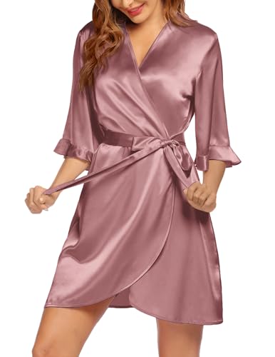 Ekouaer Women\'s Valentines Kimono Robe Satin Robe Silk Stain with 3/4 Sleeve Bridal Robes