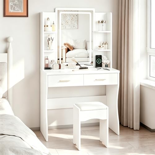 Beauenty Makeup Vanity Table Vanity Desk with LED Mirror and Stool Modern Simple Dressing Table with 2 Drawers and Multi-level Storage Vanity Set Gifts for Women and Girls White (80 * 40 * 140cm)