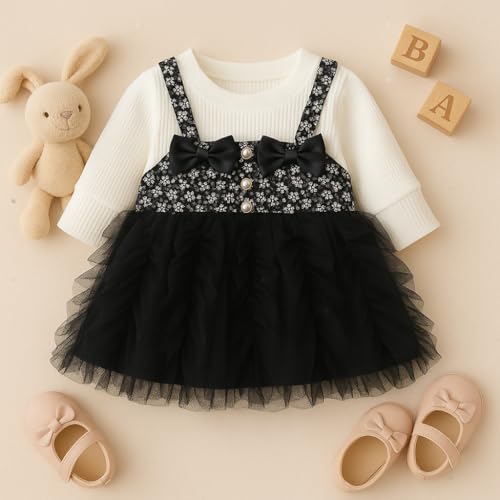 Image of EIO Baby Girl Princess Dress - Long Sleeve Cotton Frock with Round Neck | Comfortable Kids Birthday Outfit | Toddler Girl Casual & Festive Dress