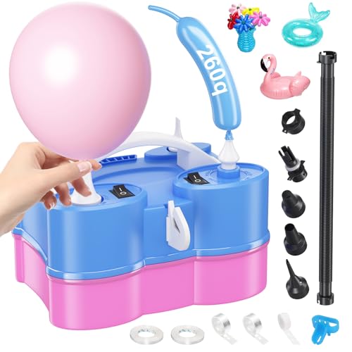 Electric Balloon Pump, Dagelar 3-in-1 Portable Air Balloon Pump for Latex 260Q Long Foil Balloons, 110V Automatic Dual Nozzle Inflator Deflator Inflatables, Pool Floats Raft, Air Mattress (Blue Pink)