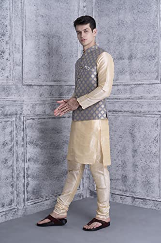 Image of Ethluxis Men's Silk Blend Navy Kurta Pyjama Set with Bundi Nehru Jacket Waistcoat