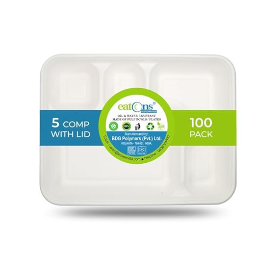 EATONS 100 Pack 5 Compartment Bagasse Disposable Plates with lid I