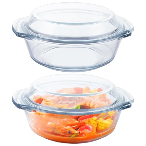 LDXDRU Paquete de 2 cazuelas de vidrio de 700 ml con tapa, pequeña y redonda para horno, bandeja individual a prueba de horno para alimentos, hornear, servir