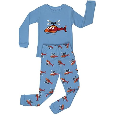 Elowel | Kids Pyjama | Boys Sleepwear | 2 Piece Nightwear (Top and Pants) | Size: 6 Years | Colour: Light Blue | 100% Cotton | Design: Helicopter | Tight-Fitting Pjs | Sizes: 2 Years - 8 Years Cover