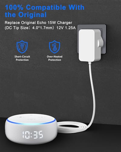 Binamao 12V 1.25A 15W Power Supply Charger Compatible with Echo Dot (3rd/4th/5th Gen) Echo Dot with 3/4 Gen Echo Dot Kids Edition 3/4 Gen Echo Show 5 (1/2Gen) Echo Spot Fire TV Cube, 1.5M Cord - White - Image 3