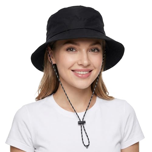 Fengek Waterproof Bucket Hat with Detachable Strap (Black)