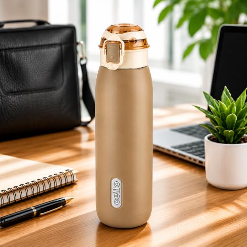 Image of CELLO Puro Steel-X Flint 900 Insulated Water Bottle 650 ml, Light Brown | Easy Press Open Flip Top, Easy to Carry with Handle Leak Proof Inner Steel Water Bottle for School Kids, Office Gym Travel