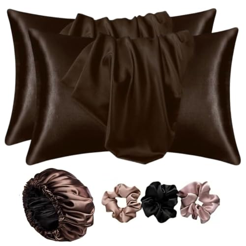 Image of Go Well Satin Bonnet for Curly Hair with Free Silk Pillow Covers and Scrunchies | Silk Bonnet for Hair | Combo of Pack of 2 Satin Pillowcases with 3 Silk Scrunchies Adjustable HairCap (Coffee)
