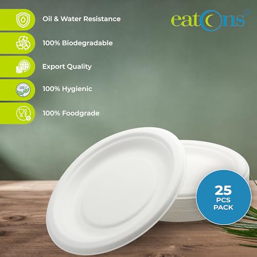 Image of EATONS Bagasse Disposable Plates Small Size [6 Inch, 25 Pack] | Eco-Friendly Disposable Plates for Sancks | Quarter Plate | Sugercane Paper Plates | Birthday, Wedding, Party | Round | White