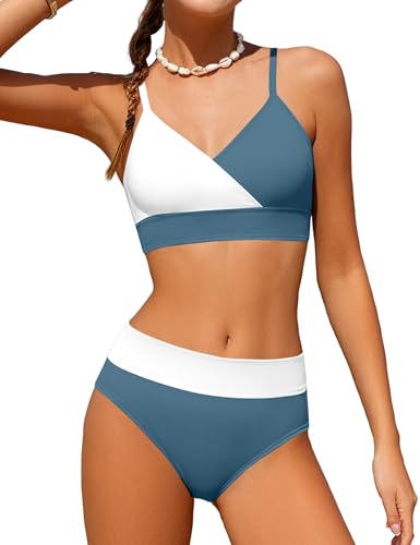 Image of Girls Swimsuit V Neck Bikini Set Color Block with Cover Up 3Pcs Bathing Suits