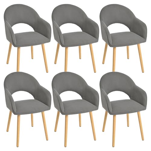 Goeurvant Lot de 6 chaises de Salle à Manger rembourrées en Velours côtelé avec accoudoirs et Pieds en Bois pour Cuisine, Salon Gris foncé