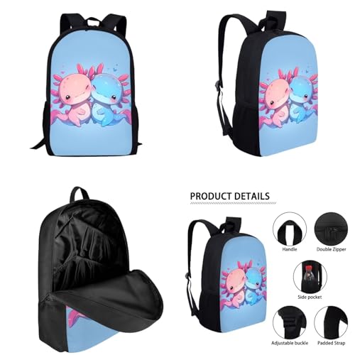 Kawaii Axolotl School Backpack for Girls 10-12 with Lunch Box Salamander Kids Bookbag Lunchbox Elementary Student Book Bag for Girls 8-10/6-8 Lunch Bag Pencil Case Water Bottle Holder Set2