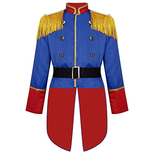 Runhomal Veste Cirque Enfant Garçon Fille Costume Majeurtte de Bande Déguisement Prince Princesse Déguisement Monsieur Loyal Cirque Carnaval Noël 5-16 Ans Bleu 9-10 Ans Cover