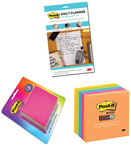Image of 3M Post-it Sticky Note Cube, 200 Sheets, 3 inch x 3 inch Size & Dry Erase Writing Surface, Pack of 2 & Super Sticky Notes, 90 Sheets /Pad