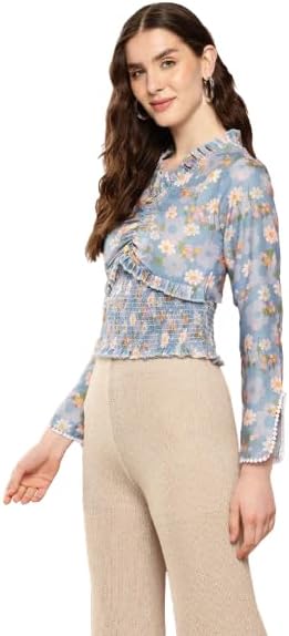 Ironic CreationCasual Bishop Sleeve Floral Print Women Casual Slit Sleeves Floral Print Women Grey Top