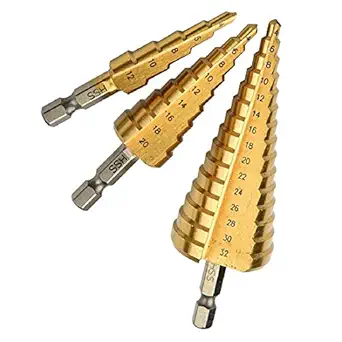 Drona Vintage 3 Pieces HSS Steel Step Cone Drill, Titanium Coated Bit Set, Hole Cutter, Triangular Shank 4-12mm 4-20mm 4-32mm Drill Bit