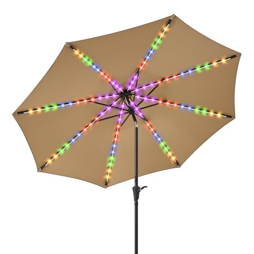PEAKVONDER 9 ft Outdoor Patio Umbrella with Solar Lights - Large Heavy Duty Beach/Table/Pool/Deck/Market Umbrella, Dual Charging, Tilt, APP & Button Control, UV/Fade-Resistant, Tan HPU092T
