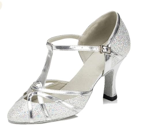 MGM-Joymod Womens T-Starp Synthetic Evening Wedding Tango Ballroom Modern Latin Dance Shoes (Silver 8cm) 8 M UK
