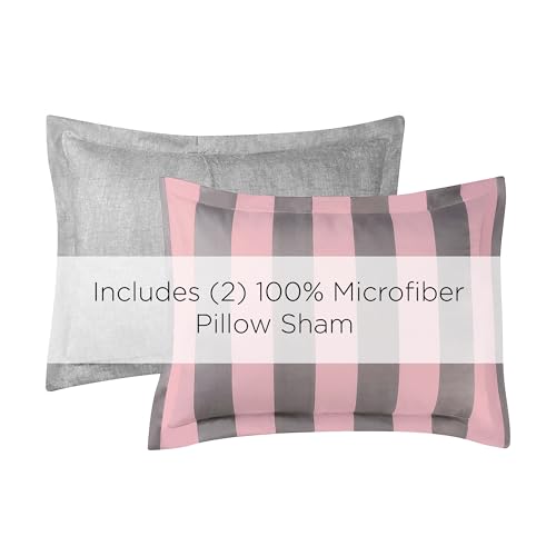 Image of Juicy Couture Cabana Stripe Reversible Bedding Set - King Size - Pink and Grey Stripe Print - 6 Piece Set - Includes 1 104 x 90 Comforter, 3 Decorative Pillows, 2 Shams