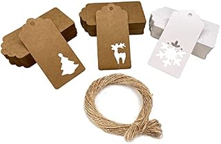 150 Pcs Gift Tags, 3 Styles for DIY Xmas Present Wrapping Kraft Gift Tags Snowflake Reindeer Christmas Tree Hanging Labels with 20m Jute Twine String (White & Brown)