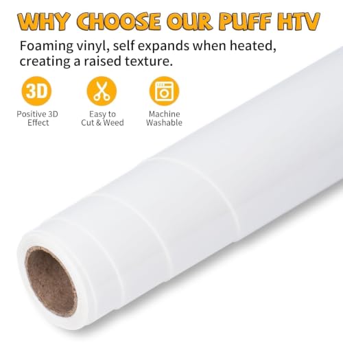 Image of VinylRus Heavy Duty Puff HTV Heat Transfer Vinyl Roll, White, 12 inch x 5FT